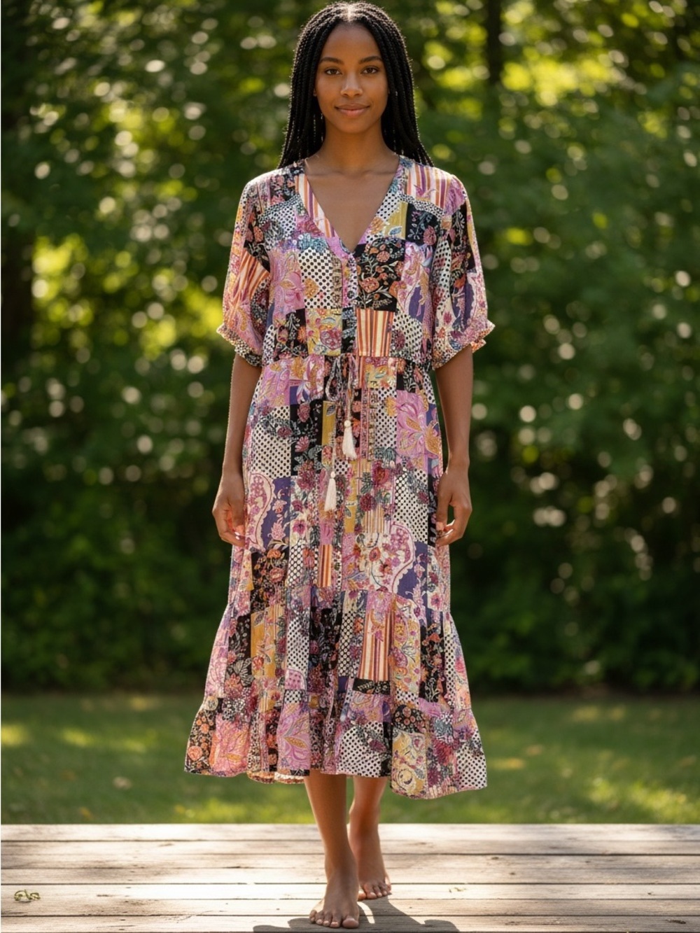 Patchwork Button Front Midi Dress